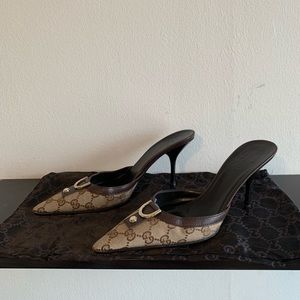 Gucci Monogram Leather & Canvas Mules